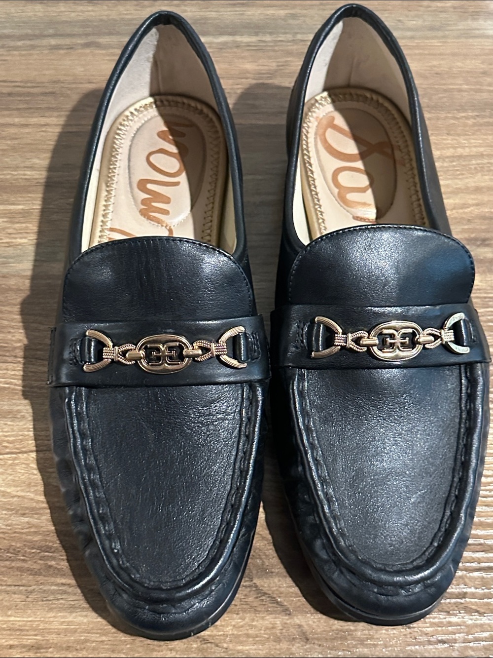 Sam Edelman Black Leather Loafers with Gold Chain Accent